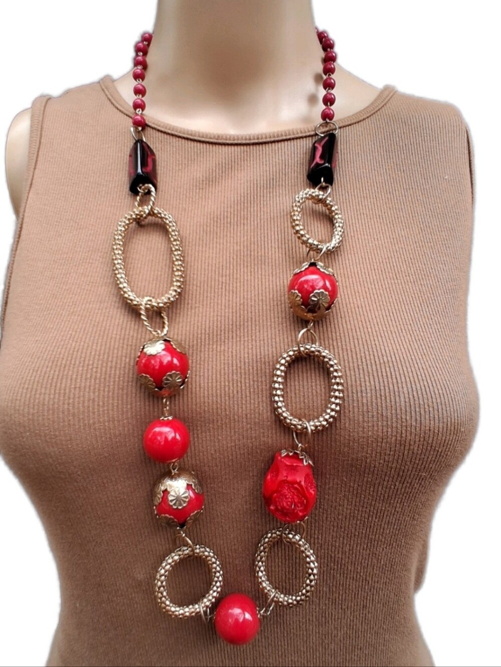 Vintage Chunky Red Gold Station Necklace Carved Rose Floral Bead Link Statement